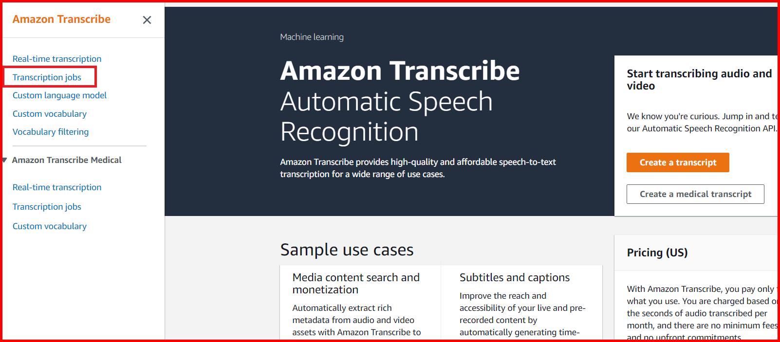 Picture showing the Transcribe Jobs menu in Amazon Transcribe